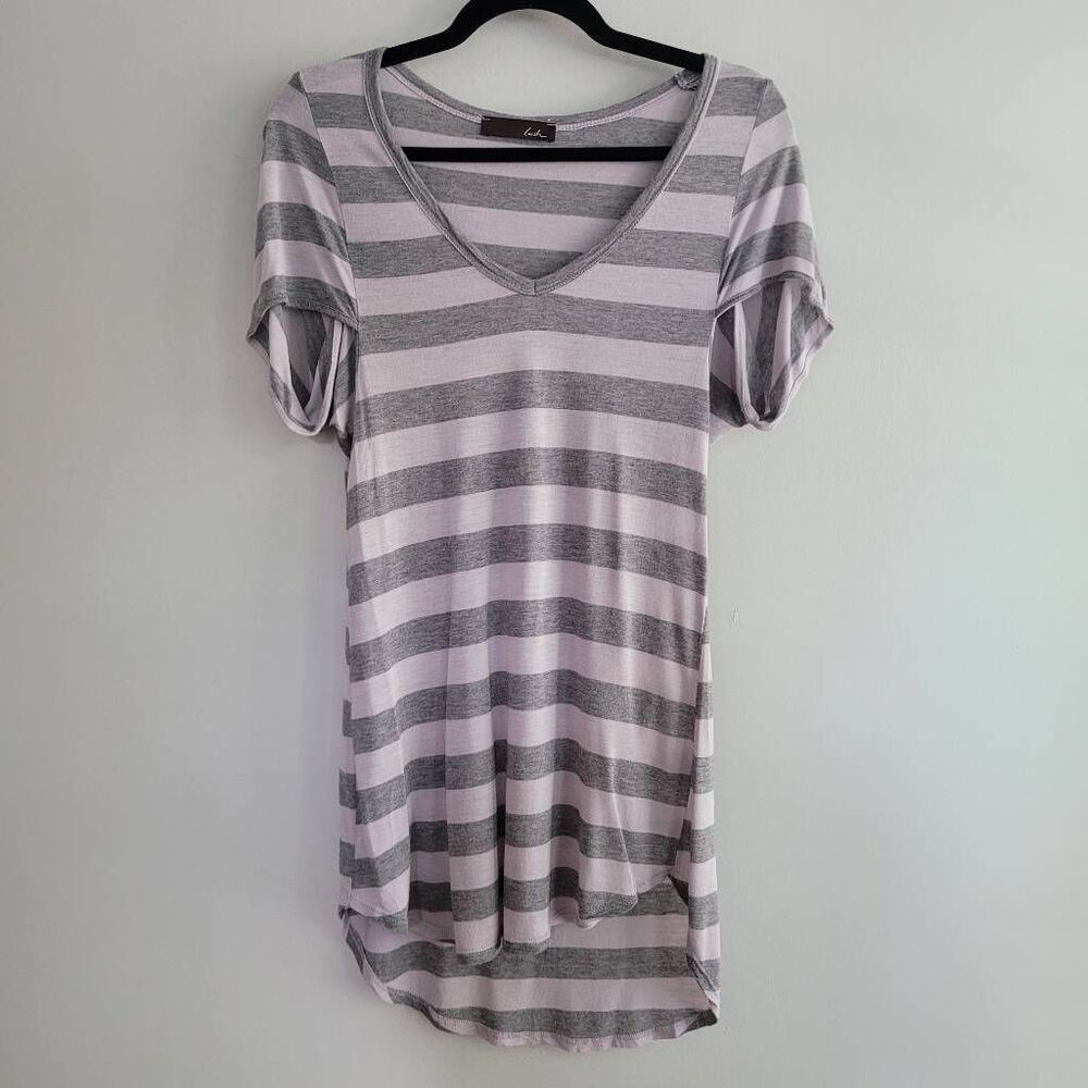 Lush grey & lilac striped tunic top cap sleeve‎ lagom lagenlook comfort